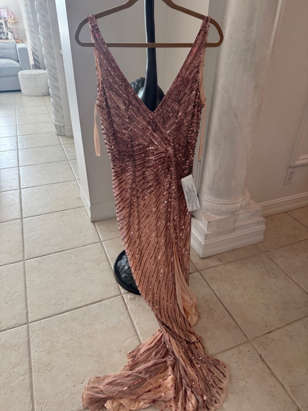 Mac Duggal Rose Gold Sequin V‑Neck Prom Gown
